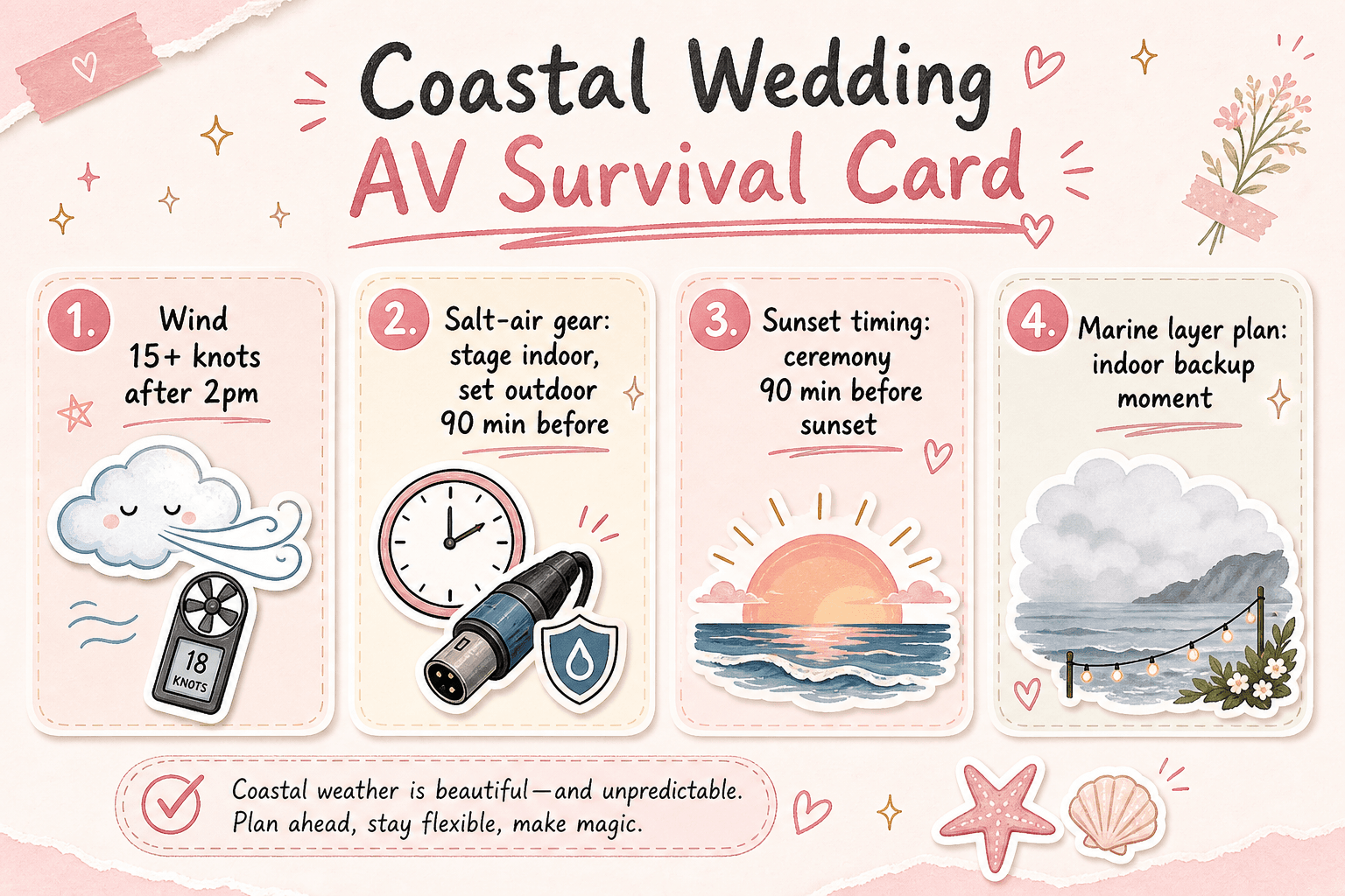 Pastel pink and cream Coastal Wedding AV Survival Card infographic with sticker icons for wind, salt-air gear, sunset timing, and marine layer plan