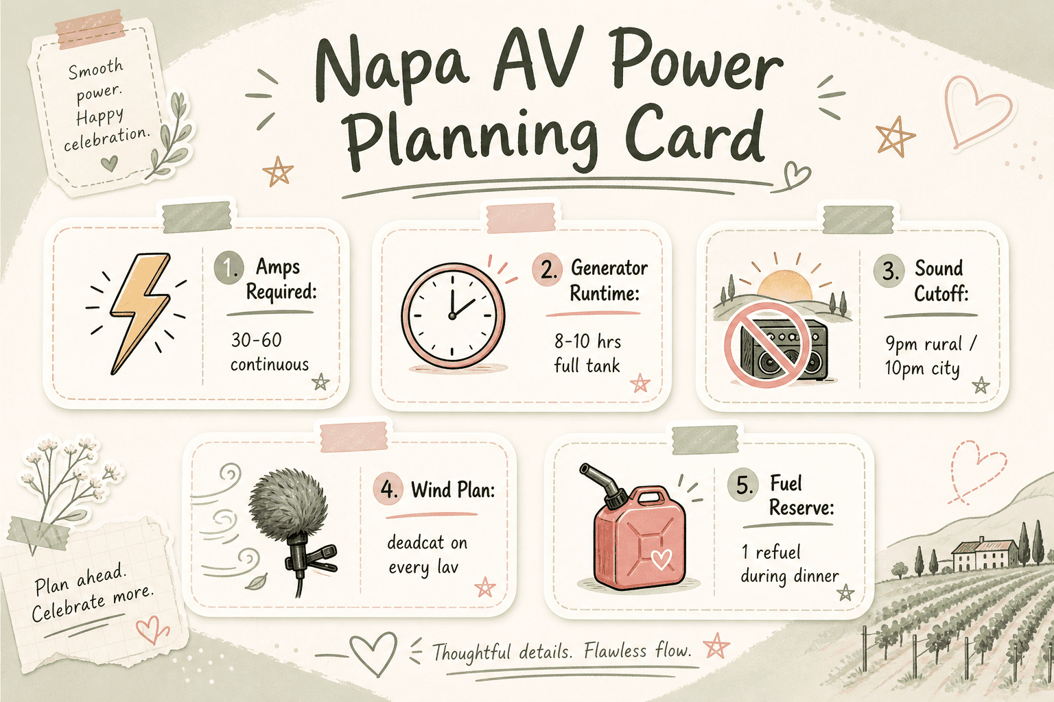 Sage and cream pastel infographic card titled Napa AV Power Planning with sticker icons for amps, generator runtime, sound cutoff, wind plan, and fuel reserve