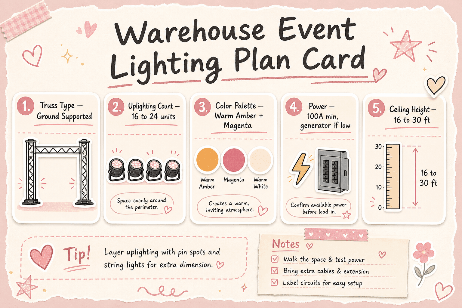 Pastel cream and rose infographic card titled Warehouse Event Lighting Plan with sticker icons for truss type, uplighting count, color palette, power needs, and ceiling height