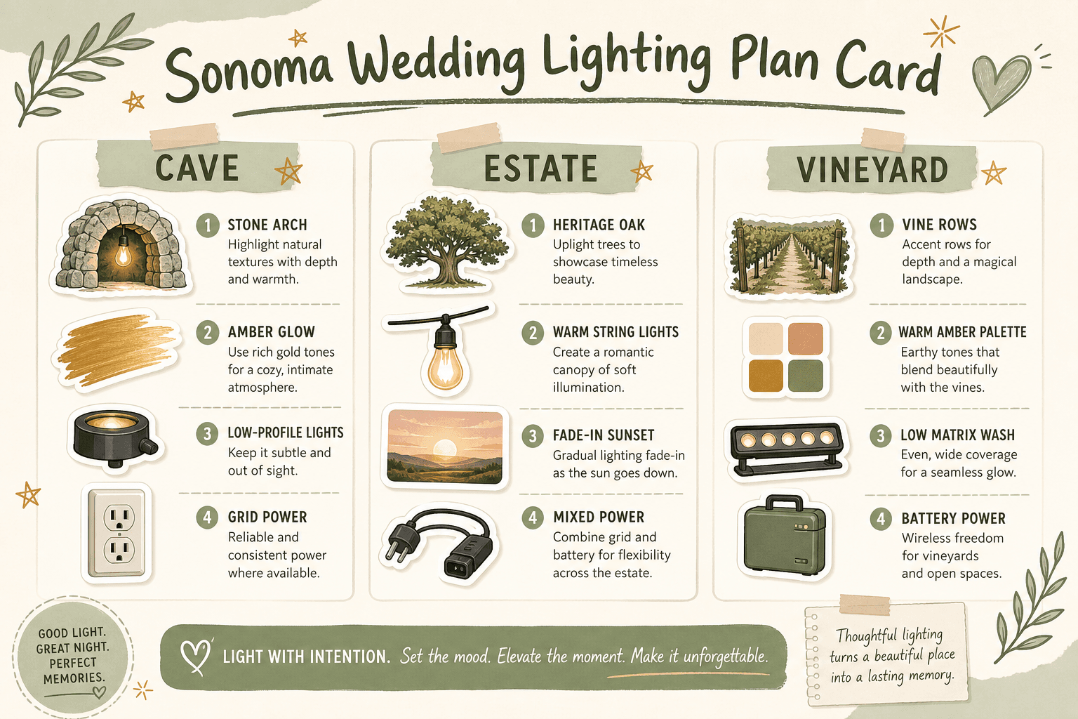 Sage and cream pastel infographic card titled Sonoma Wedding Lighting Plan Card showing three archetypes cave estate vineyard with sticker icons for color palette fixture type and power source